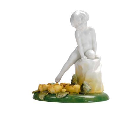 Charming Royal Doulton bone china figurine titled HN6031B, depicting a nude young boy seated atop a rock with one leg gracefu