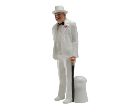 Sir Winston Churchill HN3057 by Royal Doulton depicts the British statesman in a formal white suit with bow tie and walking s