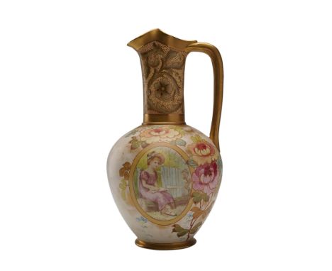 Featuring a rounded body with elongated neck and applied handle. The pitcher is hand-decorated with a floral motif, displayin