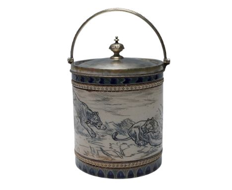 This Doulton Lambeth stoneware sugar container features incised lion and landscape scenes attributed to artist Hannah Barlow,