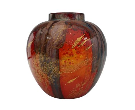 Royal Doulton flambe-glazed vase featuring aquatic-themed gilt decoration attributed to artist Harry Nixon. Finished in deep 