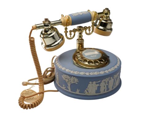 Light blue Wedgwood Jasperware telephone produced for Astral Telecom, featuring classic rotary dial and handset components in