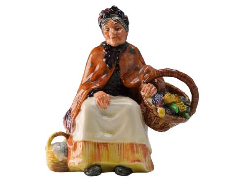 Old Lavender Seller HN1571 by Royal Doulton depicts an elderly woman seated with baskets of vibrant blooms, dressed in a shaw