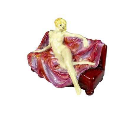 Part of the Art Deco series. She lays nude on a pink and orange blanket over a red couch. Hand written HN number. Royal Doult
