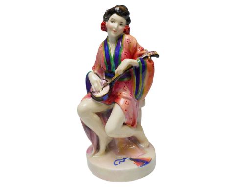 Royal Doulton porcelain figurine titled Geisha HN1292, featuring a finely modeled Japanese woman seated while playing a shami