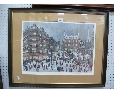 George Cunningham (Sheffield Artist), 'Church Street', limited edition colour print of 350, pencil signed and blind backstamp