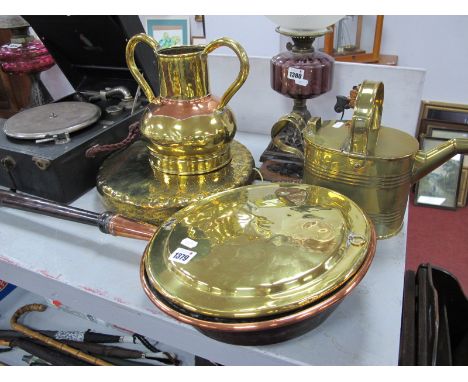Brass Dinner Gong, with iron and copper wall bracket, vase, watering can, warming pan.