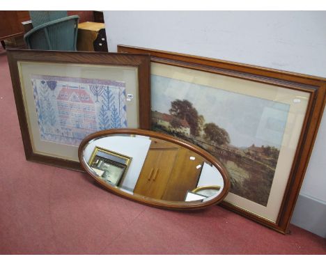 Tapestry Print in XIX Century Oak Frame, 83 x 103cm overall; larger print, oval wall mirror. (3)