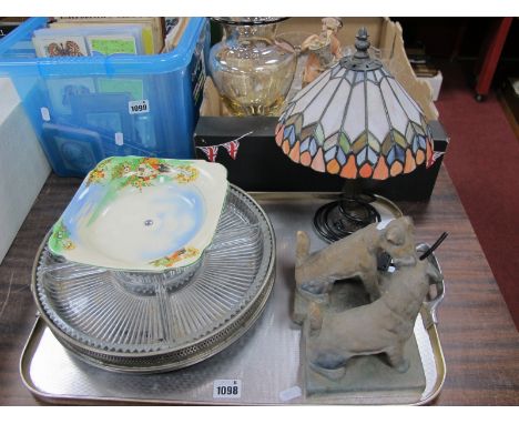Pair of Danesby Ware Bourne Denby Pottery Book Ends as Terrier Dogs (damages), Tiffany style lamp (damaged), lazy Susan, comp