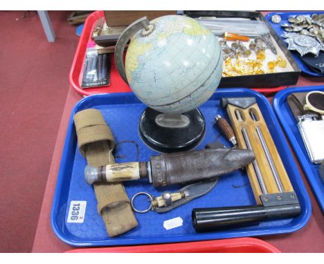 A Chad Valley Globe, in black metal stand 19.5cm high. Stag handled bowie style knife, two smaller knives, Castella of London