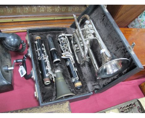 Corton Czechoslovakian Four Section Ebonized Clarinet   5/8125 in black leatherette case plus cornet. (2)