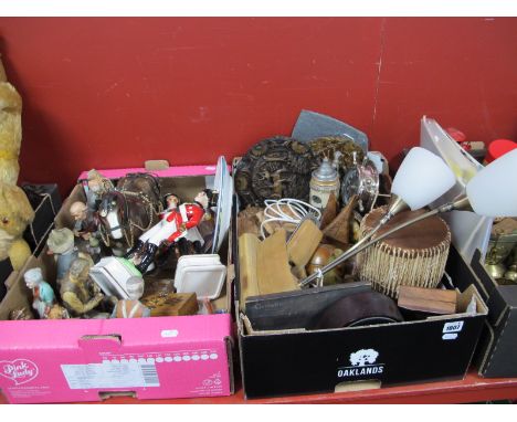 Carved Wooden Figures, ships wheel clock, 'Smoothing Plane', table light, drum, pottery shire horse, ornaments, etc:- Two Box