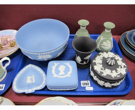 Wedgwood Jasperware Bowl, trinket pots, pair vases etc, various colours:- One Tray