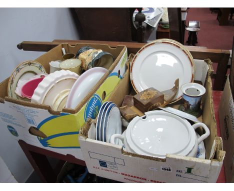 Pottery, plates Royal Doulton, Italian tureen, Minton, Doulton character jug, flan dish, planter etc. Two Boxes