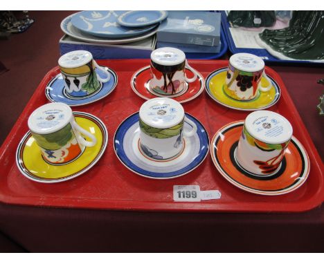 Clarice Cliff Centenary Coffee Cups and Saucers by Wedgwood, 'Red Tree', 'Summerhouse', 'Autumn', 'May Avenue', 'Windmill' an