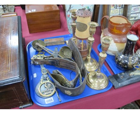 'Sheffield Wolf Safety Lamp', brass candlesticks Sutcliffe scales, horse brasses, etc:-One Tray