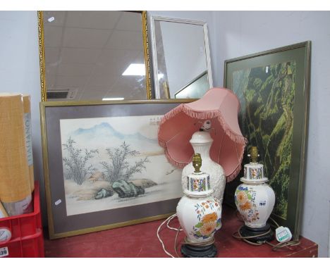 A Pair of Chinese Pottery Table Lamps, one other, two mirrors, print, tapestry.