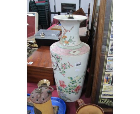 Oriental. Chinese Pottery Vase, XIX Century featuring exotic birds, foliage, greek key to neck, 45cm high, rim chip, 16cm cra