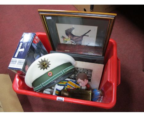 A Framed Print of The Racehorse Nijinsky, Military style cap, medal ribbons, plus a quantity of misc oddments, Roman coin (un