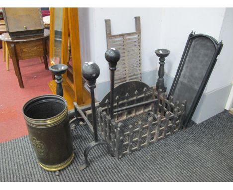 Portcullis Fire Grate, two pairs of fire dogs, firescreen, coal bucket.