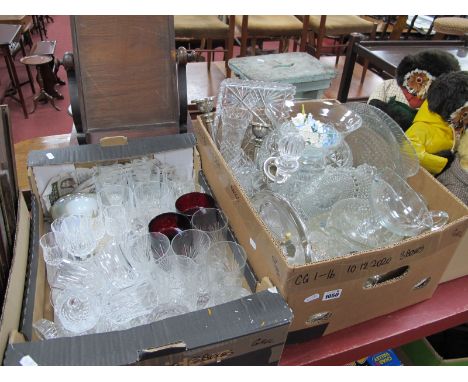 Two Boxes of Cut and Pressed Glassware, including ships decanter, candle holders, Caithness paperweight.