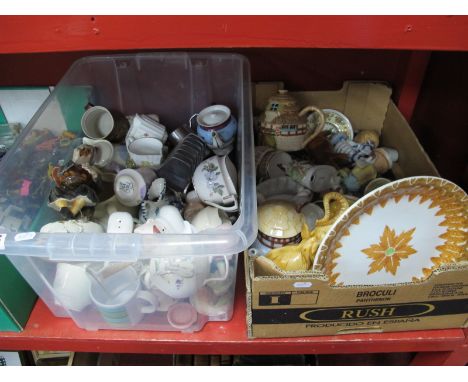 Pottery, cups, tea pots, jelly mold, Royal Albert, Worcester, Foley etc:- Two Boxes.