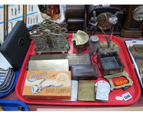 Taxidermy Small Bird, crib boards, Every Ready razor, thimble holder, brass letter rack powder compact, etc:- One Tray