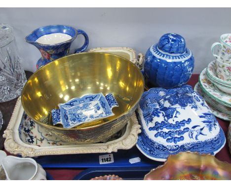 Oriental - Ginger Jar on Wooden Stand, brass bowl, Willow pattern sweetmeat dish, tureen, Grainger Worcester, etc:- One Tray