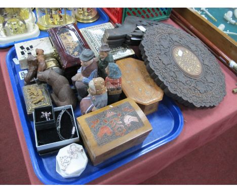 Black Forest Style Carved Bears, various jewel boxes, hallmarked silver pendants etc:- One Tray together with a small folding