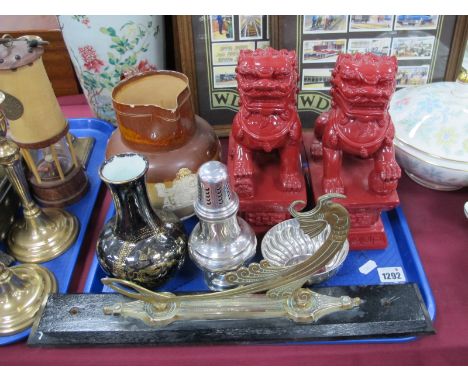 Doulton Lambeth Stoneware Jug, (rim chips), Chinese dragon vase, pair of modern dogs of fo, plated sugar caster, bowl, brass 