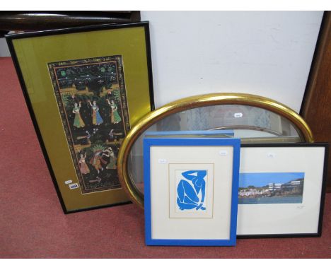Indian Watercolour featuring Maidens in Garden, image 46 x 17cm. Matisse print, signed photograph, oval wall mirror. (4)