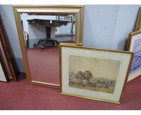 Rectangular Bevelled Wall Mirror, in gilt frame, 88.5 x 63cm overall, Hans Heysen colour print. (2)
