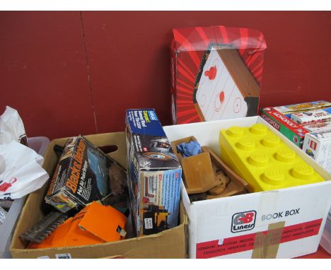 An Electric Tile Cutter, edge cutter attachment, hot air stripper, lamp, clock Teddy etc:- Two Boxes