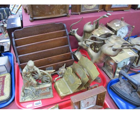 Pair Art Deco Style Brass Leaping Stag Figures, brass and wooden letter racks, brass figure of a Blacksmith, fox head door kn