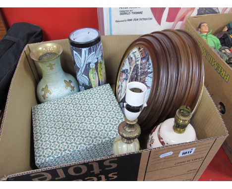 Four Poole Pottery 'Famous Fishing Harbours' Plaques (in wooden frames), Mason's 'Mandalay' table lamp, onyx table lamp, vase