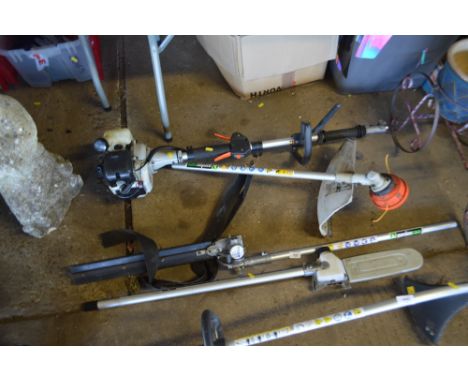 A Garden Care petrol multi tool - hedge cutter, chain saw, and strimmer