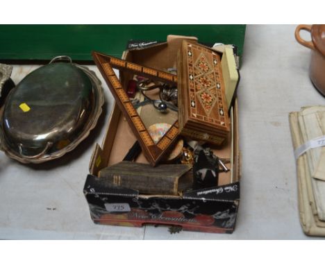 A box containing cribbage boards, table lighter, sealing wax etc.