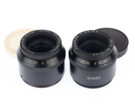 A Pair of Leitz Wetzlar Focotar Enlarging Lenses, black, f/4.5 50mm, optics have haze, with front caps.