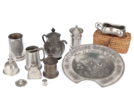 A Collection of Medical &amp; Other Pewter, including a pewter tankard with moustache guard, a pewter tankard marked EXT CERE