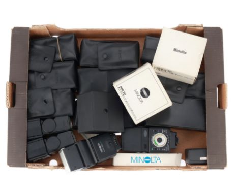 A Group of Minolta Flash Guns and Accessories, to include a number of flashes, in soft cases, mostly auto 360PX models, VG, u