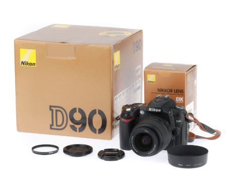 A Nikon D90 35mm SLR Camera, comprising a D90 camera body, black, serial number 7434709, body VG-E, appears to be un-used, LC