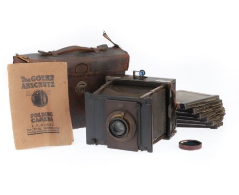 A C.P. Goerz Ango 12x18cm Plate Camera, black, body F-G, shutter needs attention, with f/8.8 210mm lens, several plate holder