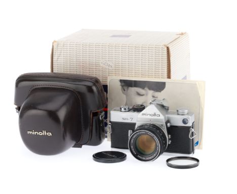 A Minolta SR-7 35mm SLR Camera, silver, serial number 2585880, body VG, shutter works, not battery tested, with a Auto Rokkor