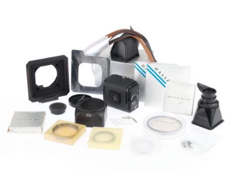 A Selection of Hasselblad Accessories, to include an NC-2 prism finder, a chimney finder, filters and mounting ring, a film b