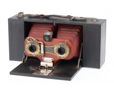 A Kodak No.2 Stereo Brownie Camera, black, body G, both shutters working, viewfinder clear, opens and folds correctly,