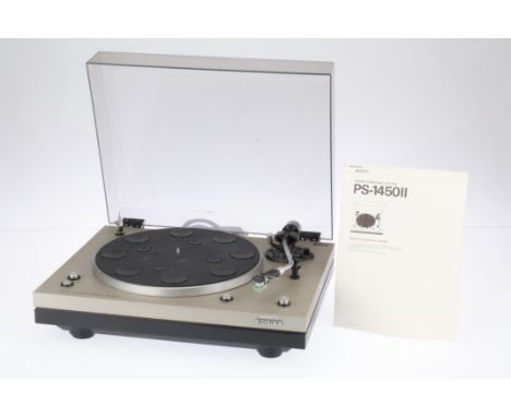  A Sony PS-1450 II Record Turntable, silver, no drive belt, the motor spindle turns, but the platter obviously won't, under t