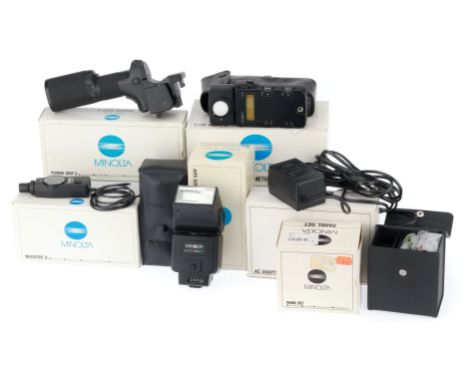 A Minolta Flash Meter, Flash and Accessories, comprising a Flash Meter III, VG, a 360PX flash, 360 Colour Panel Set and Meter