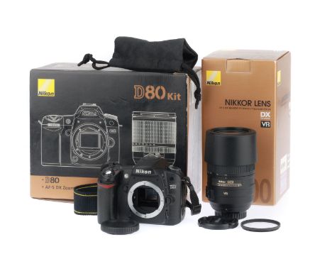 A Nikon D80 35mm SLR Camera, comprising a D80 camera body, black, serial number 8027562, body VG, appears to be lightly used,