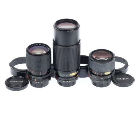 A Group of Minolta Zoom Lenses, comprising a MD Zoom f/3.5 35-70mm, a MD Zoom f/3.5-4.5 35-105mm, and a Zoom Rokkor f/4.5 75-