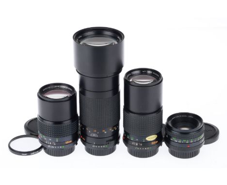 A Group of Minolta Prime Lenses, comprising a MD Rokkor f/1.7 50mm, optics G, a MD Tele-Rokkor f/2.8 135mm, optics VG, a MD T